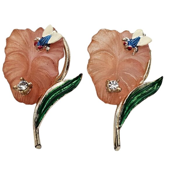 Pink Lucite Flower Pins With Rhinestone Enamel, Fly, Bug Matching Set - Picture 1 of 9